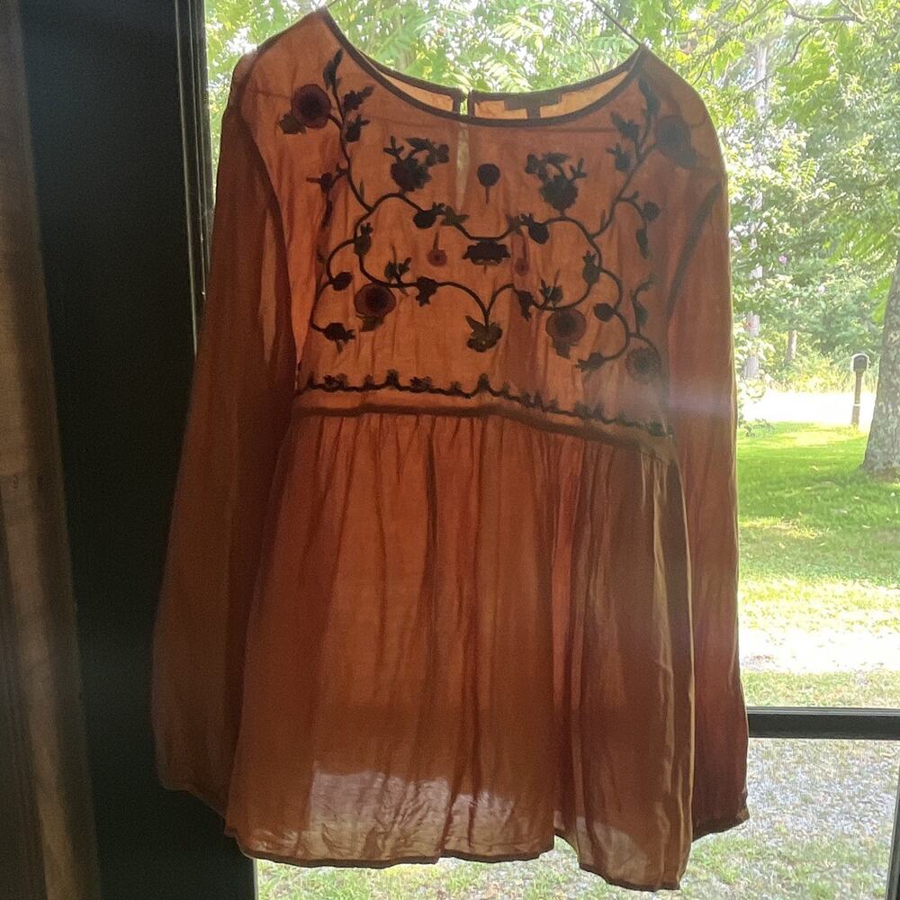 JODIFL Women's M Blouse Orange Floral Embroidered Long Sleeve Round Neck